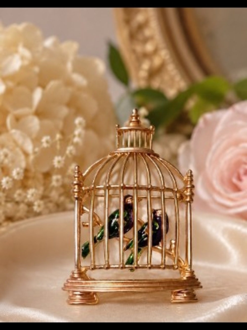 Gold Birdcage Decorative Brooch with Green Accent Birds